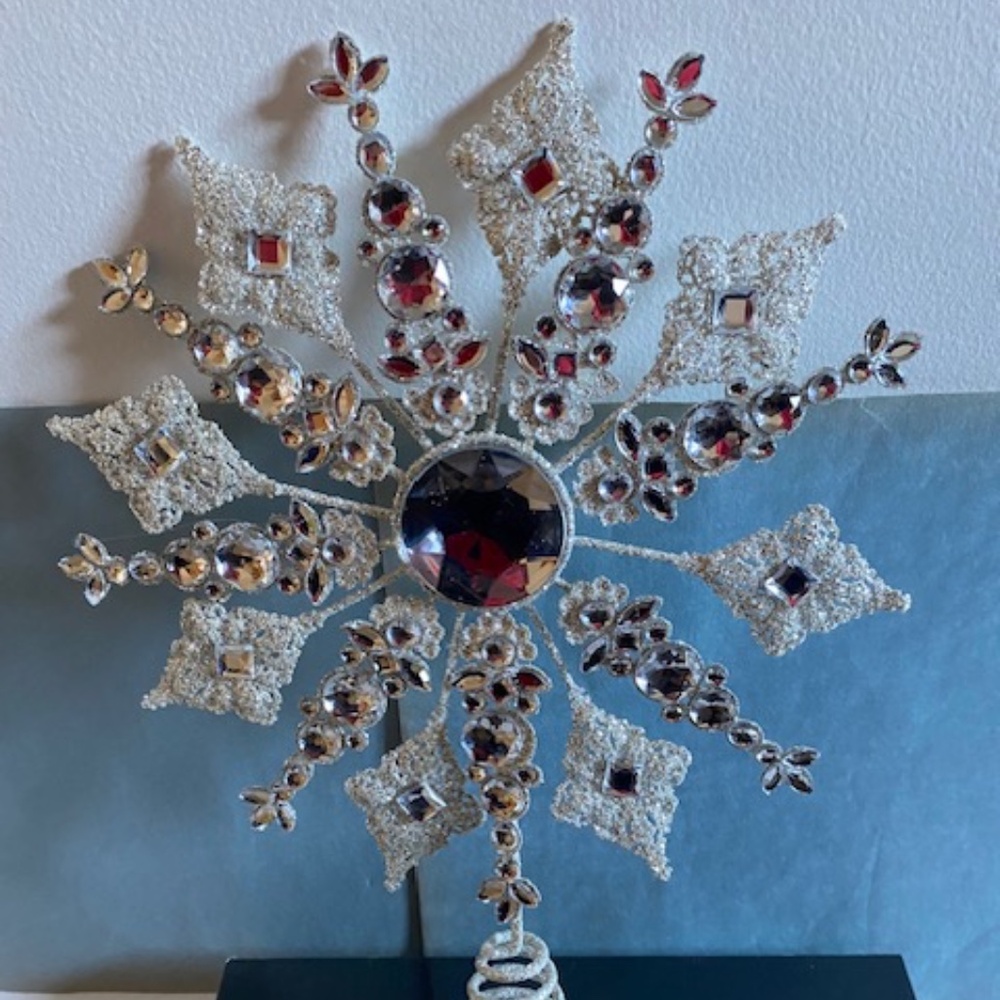 Silver Snowflake Christmas Tree Topper | Metal with Jewels | 15” Tall